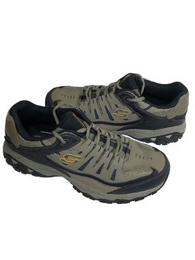 Skechers After Burn Leather Synthetic Memory Foam Tan Black Athletic Shoes 9